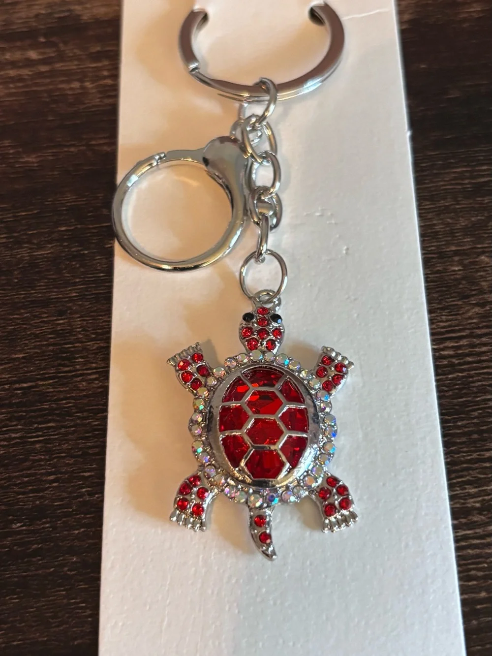 Red Crystal Rhinestone Turtle Keychain in Silver Tone